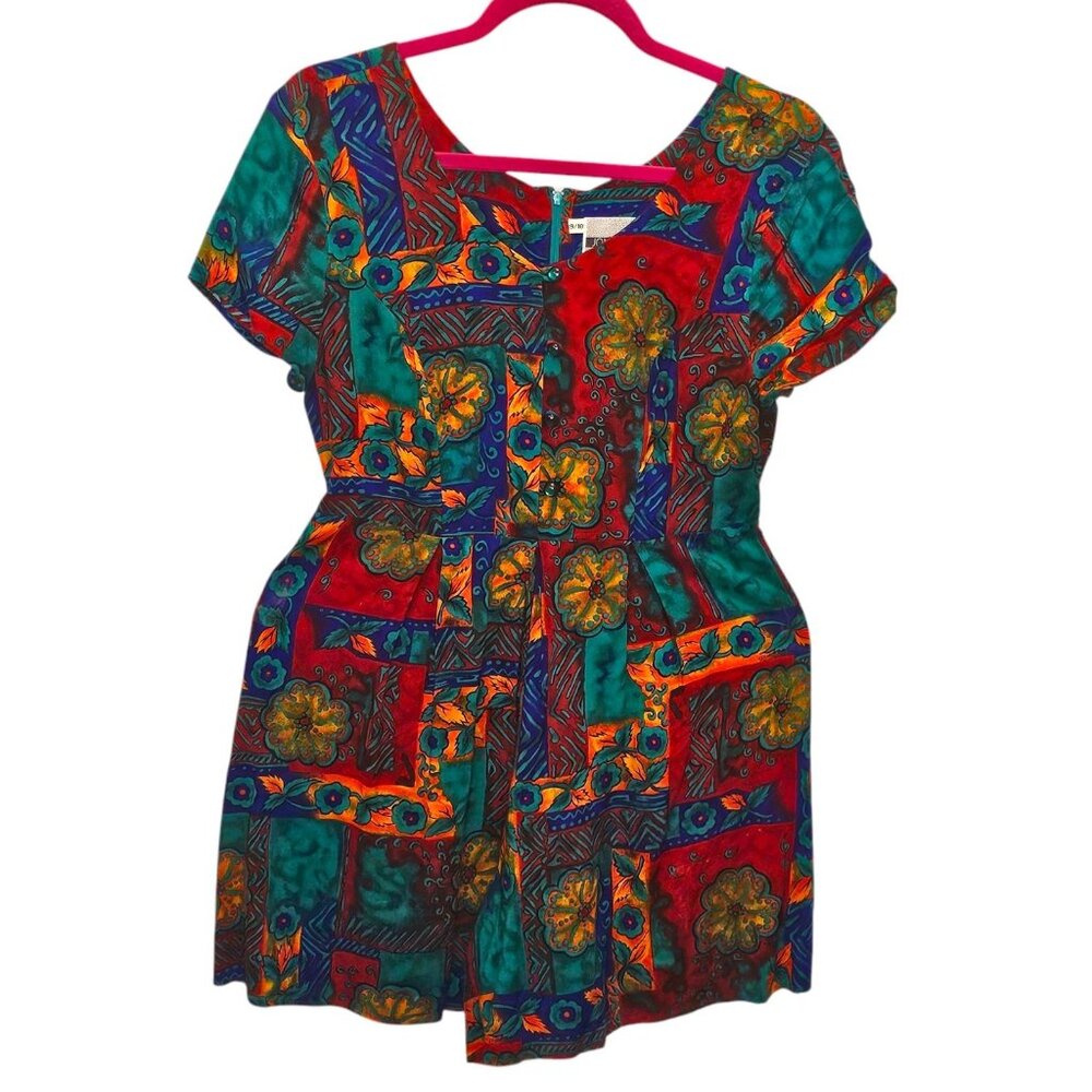 VTG Colorful Boho Hawaiian Romper Pleated Rayon‎ Sz S Tropical Pockets 80s 90s